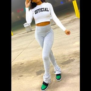 ‘OFFICIAL’ Graphic Print Long Sleeve Crop Top & Folding Leggings 2 Pc Outfit